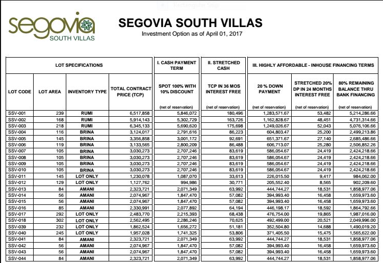 Segovia Price List